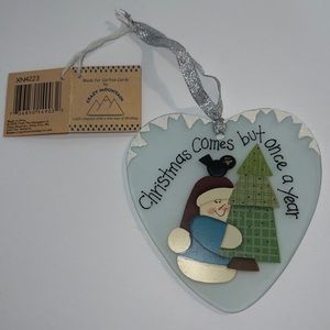 Vintage Crazy Mountain Heart Glass Snowman & Christmas Tree Ornament ~ Brand New